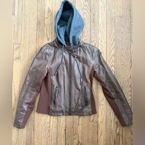 Selby Brown Leather Jacket with Gray removable Hood